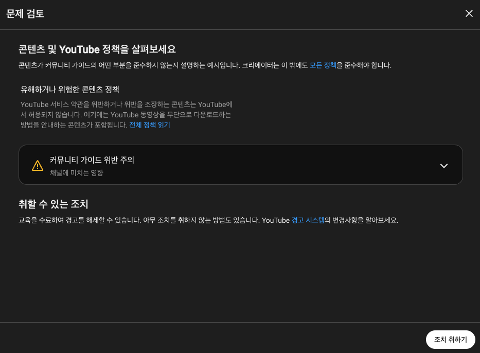 유튜브 문제 검토 화면 - 위반한 정책과 취할 수 있는 조치
