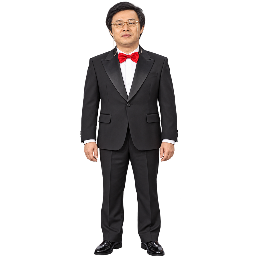 Image 1 정총무 참조 이미지: 검정 정장, 빨간 나비넥타이, 금테 안경
