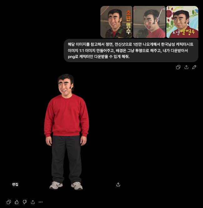ChatGPT 화면. 소년명수 캡처를 참고해 캐릭터 시트를 만드는 과정