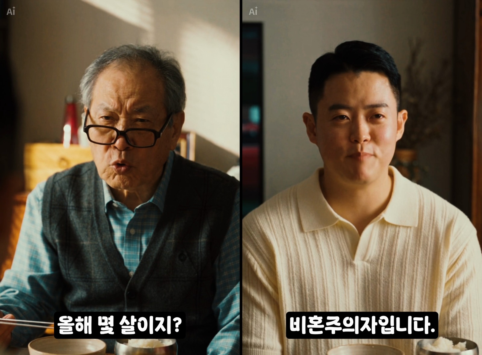 큰아버지가 올해 몇 살이지 하고 묻고 최성훈이 비혼주의자입니다 하고 답하는 릴스 장면