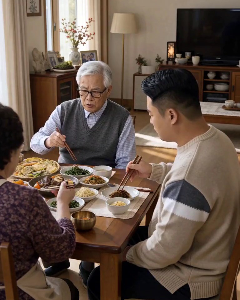 추석 밥상에 큰아버지와 큰엄마, 최PD가 둘러앉아 식사하는 AI 생성 장면