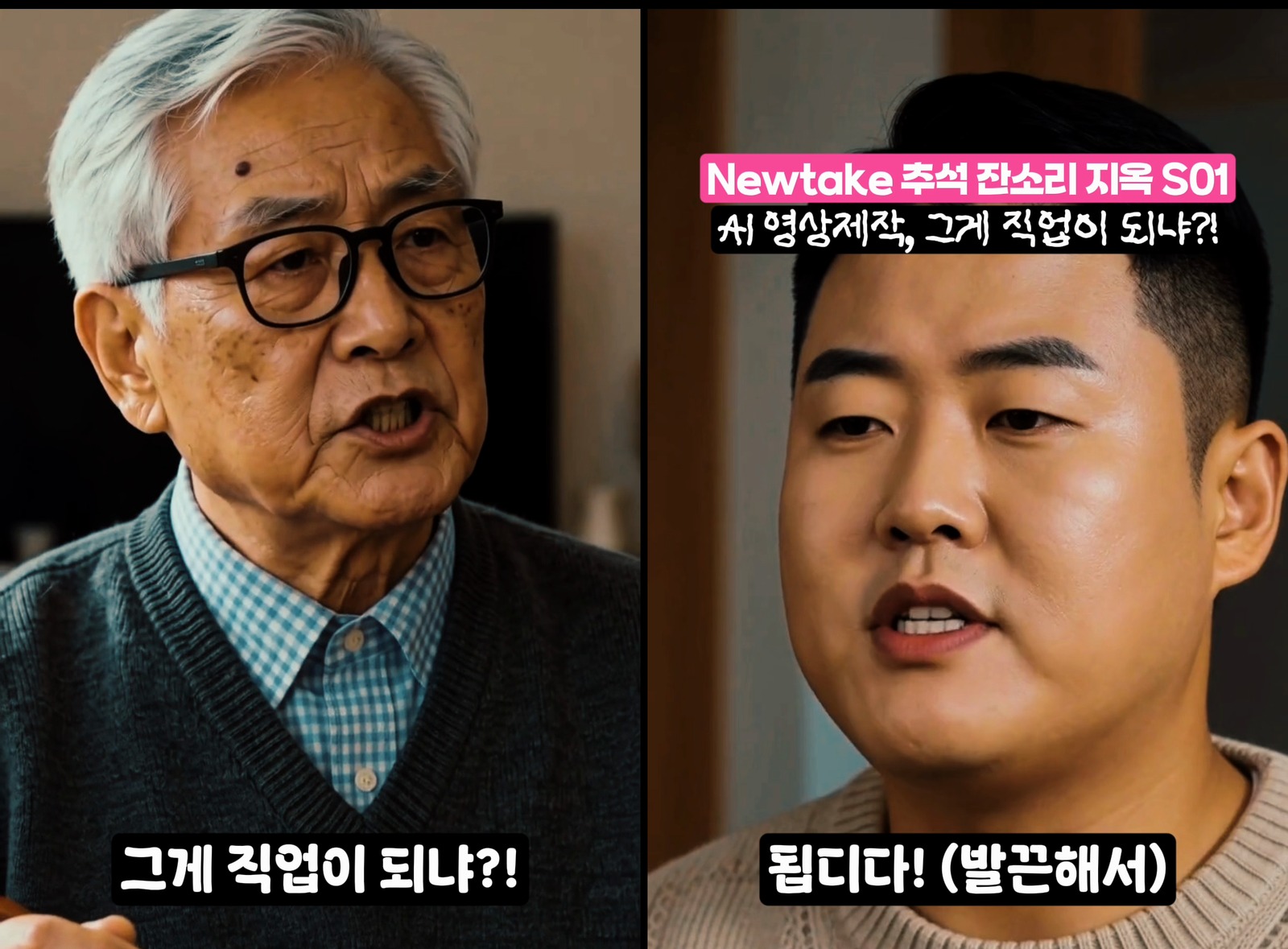 큰아버지가 그게 직업이 되냐고 묻고 최PD가 됩디다 하고 받아치는 릴스 장면