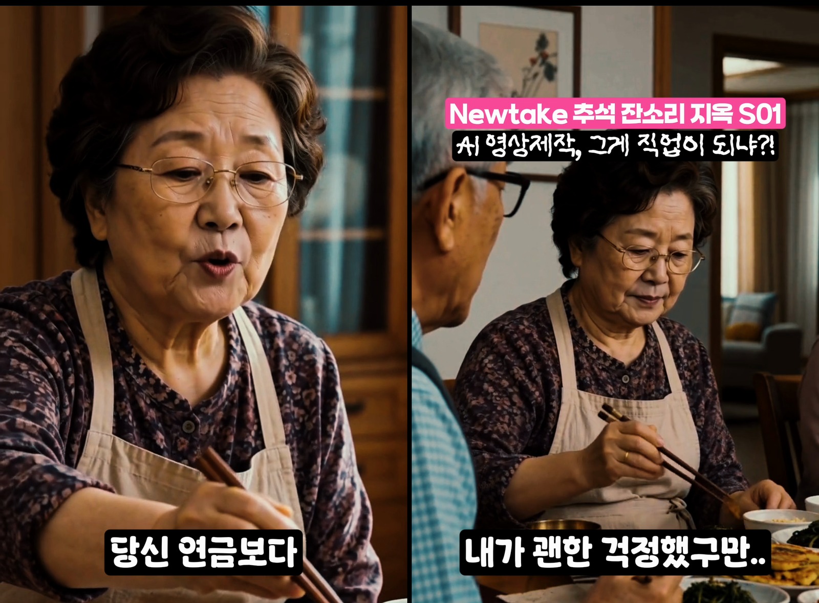 큰엄마가 당신 연금보다 많이 벌었대요 하고 말하고 큰아버지가 내가 괜한 걱정했구만 하는 릴스 장면