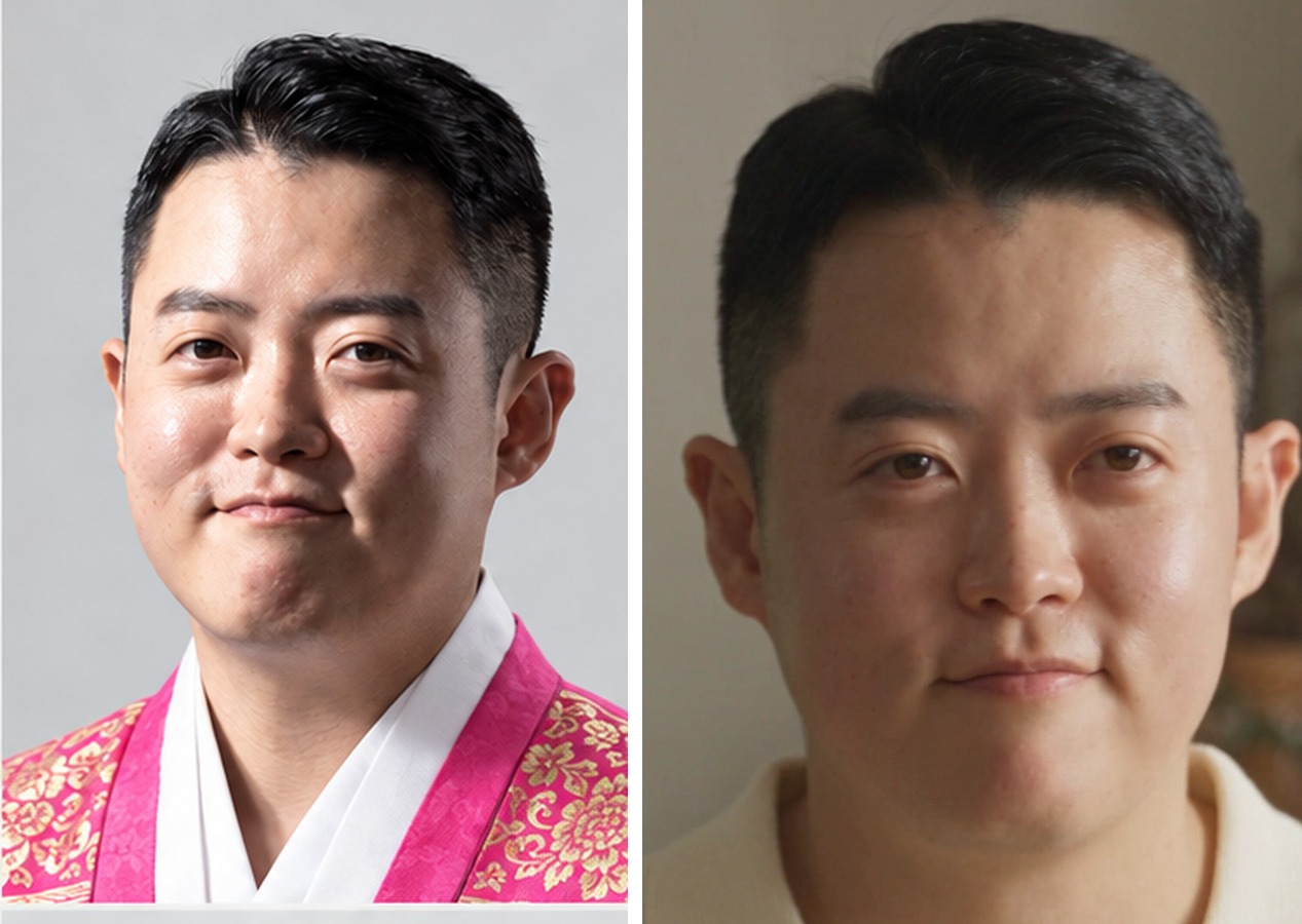 캐릭터 시트 속 얼굴(핑크 한복)과 완성 영상 속 얼굴(크림색 니트)을 나란히 놓은 비교