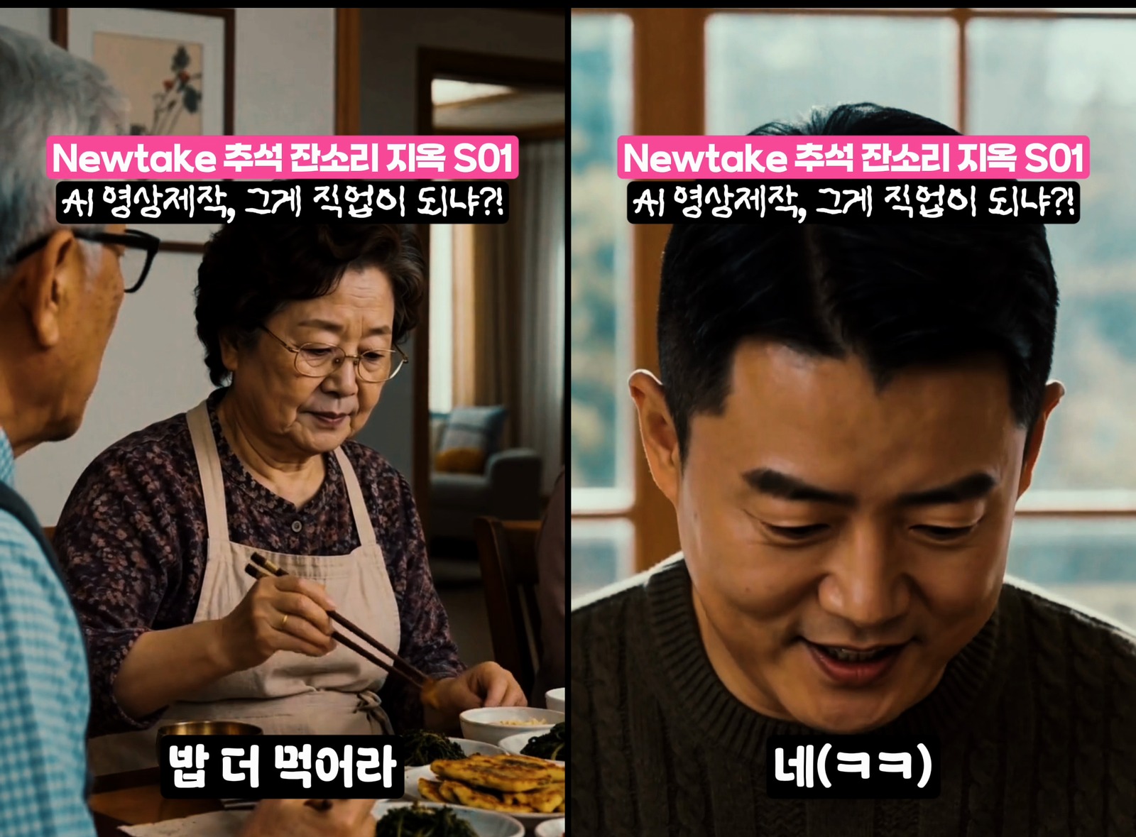 큰아버지가 밥 더 먹어라 하고 최PD가 시선을 내린 채 네 하고 웃는 릴스 장면