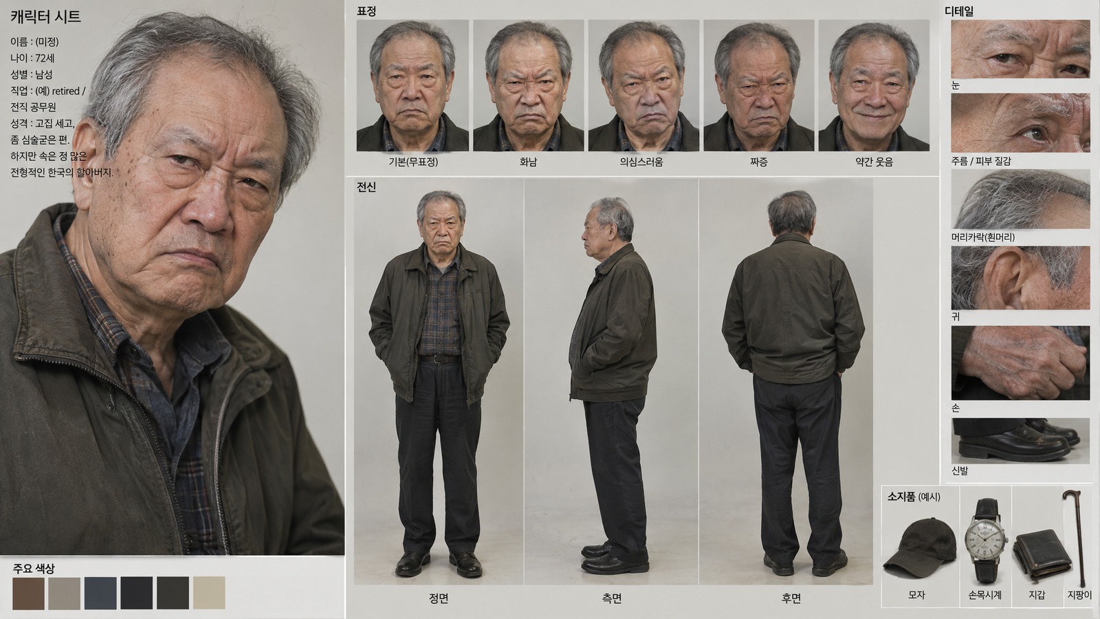 뉴테이크 이미지 생성기로 만든 큰아버지 캐릭터 시트. 표정 5종과 전신 3면, 소지품과 주요 색상이 담겨 있다