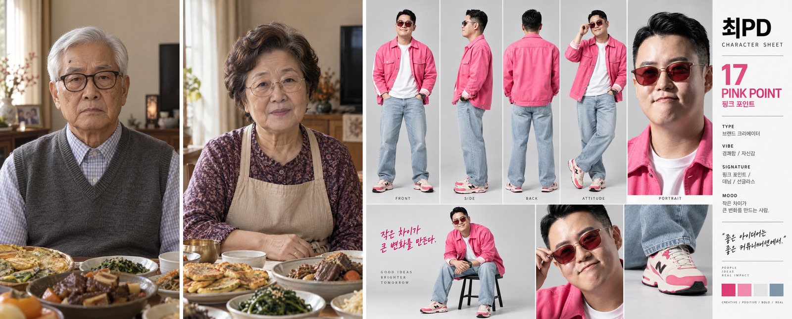 큰아버지와 큰엄마 참고 이미지, 최PD 캐릭터 시트를 나란히 놓은 참고자료 3장
