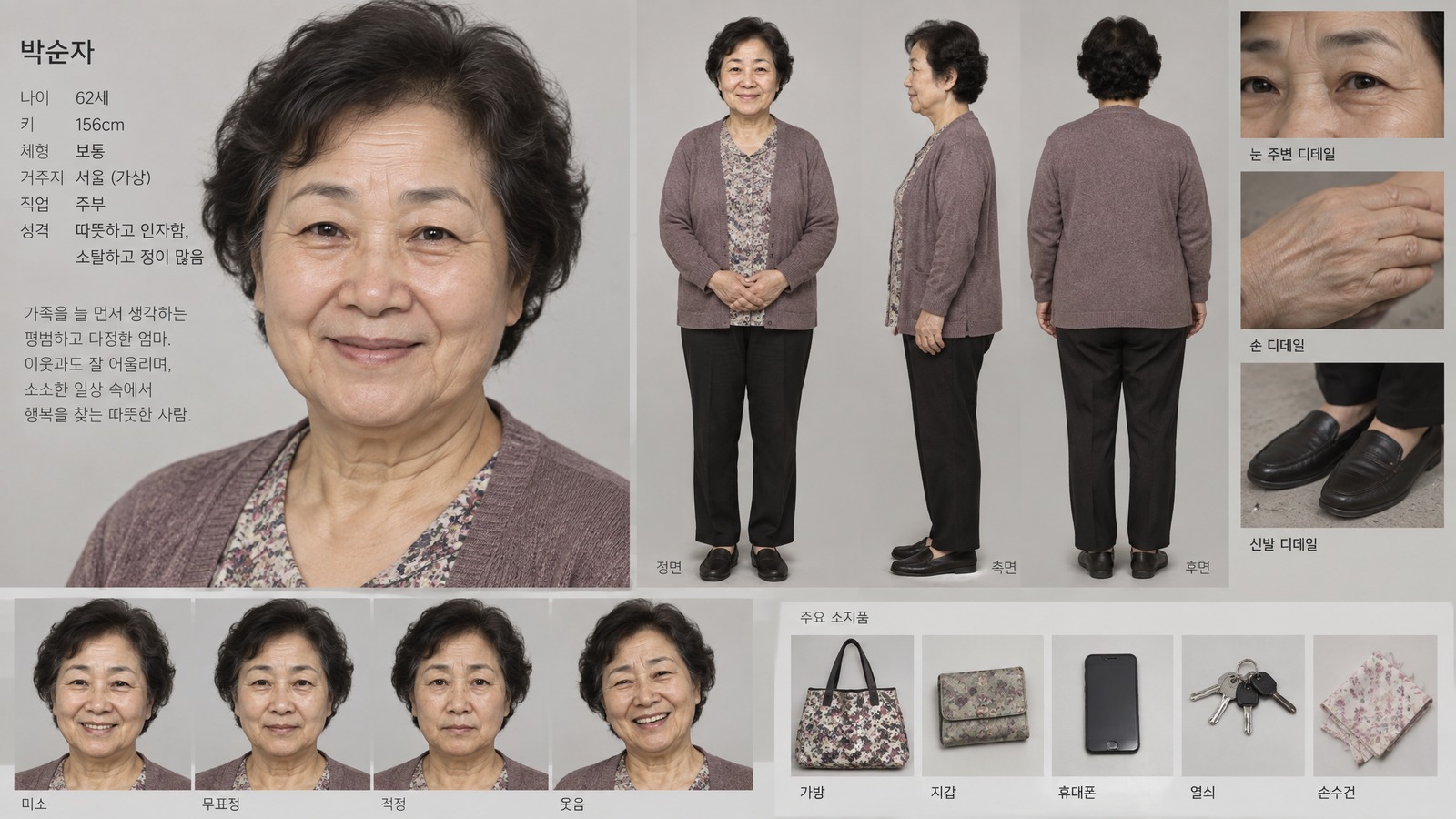 뉴테이크 이미지 생성기로 만든 큰엄마 캐릭터 시트. 표정 4종과 전신 3면, 손과 신발, 소지품이 담겨 있다