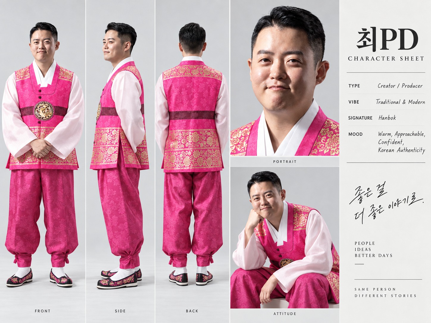 최PD 캐릭터 시트 16번째 콘셉트. 핑크 한복 차림의 정면, 측면, 후면 전신과 얼굴 클로즈업, 앉은 자세가 담겨 있다