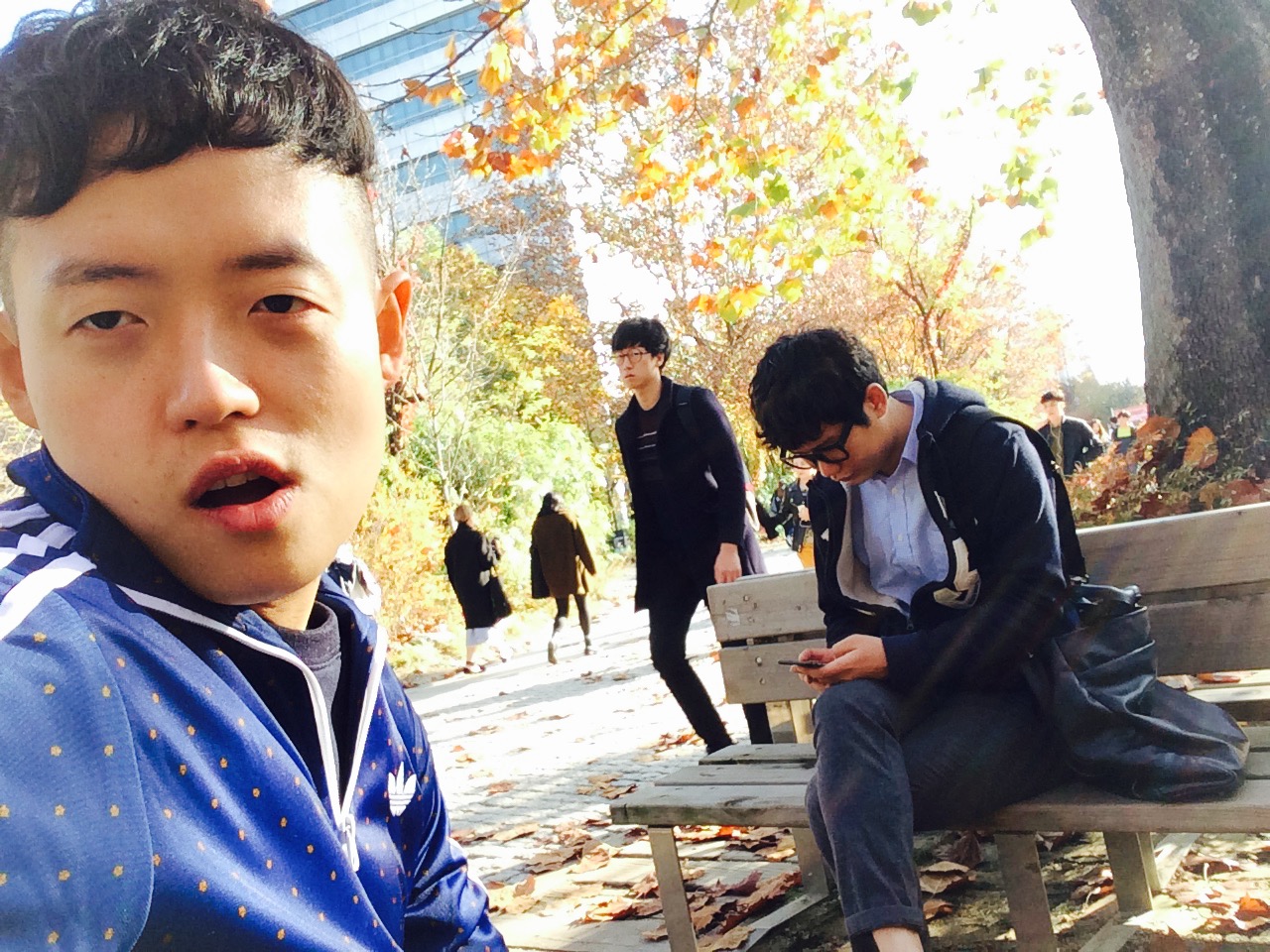 낙엽이 깔린 길가 벤치 앞에서 찍은 셀카