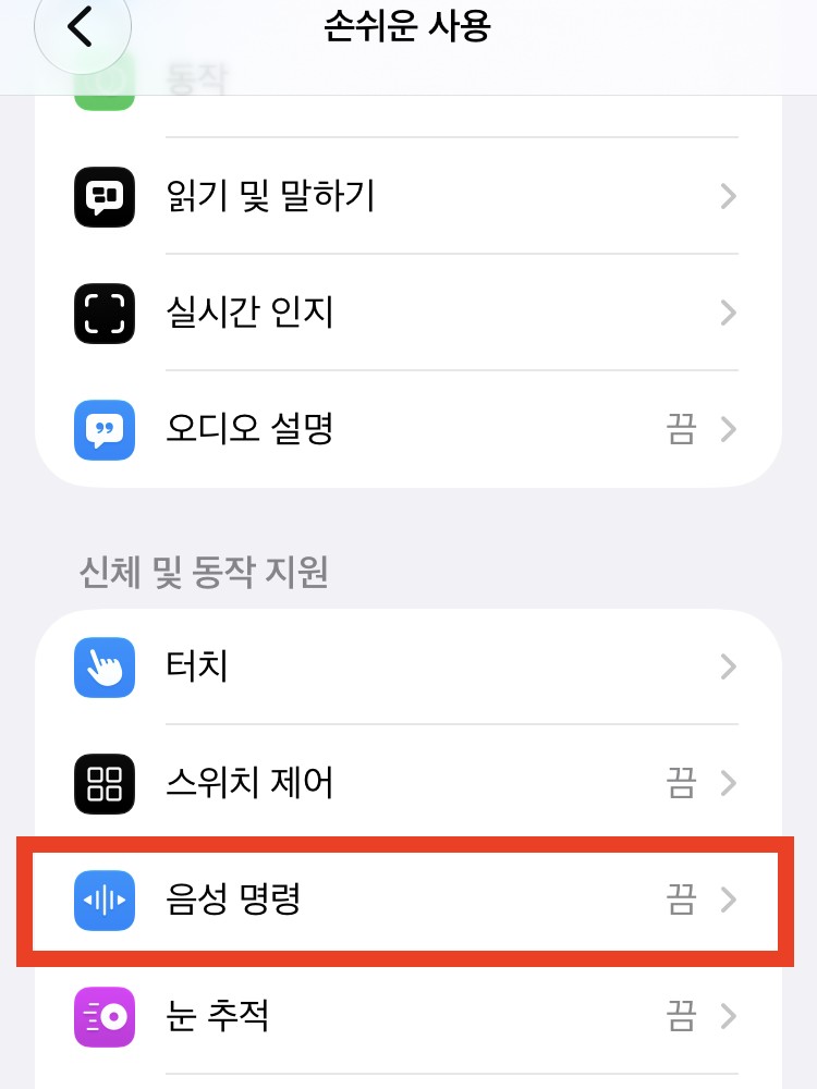 손쉬운 사용 화면. 신체 및 동작 지원 아래 터치, 스위치 제어, 음성 명령이 있고 음성 명령이 빨간 상자로 표시돼 있다. 오른쪽에 끔이라고 적혀 있다.