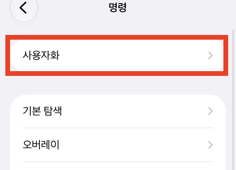음성 명령의 명령 화면. 맨 위 사용자화가 빨간 상자로 표시돼 있고 아래에 기본 탐색, 오버레이가 있다.