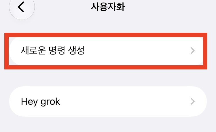 사용자화 화면. 새로운 명령 생성이 빨간 상자로 표시돼 있고, 아래에 이미 만든 Hey grok 명령이 있다.