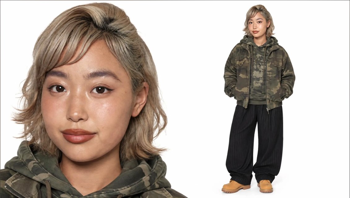 힉스필드 AI Influencer로 만든 캐릭터 시트. 왼쪽은 회색빛 금발 여성의 얼굴, 오른쪽은 얼룩무늬 점퍼와 통 넓은 바지를 입은 전신.