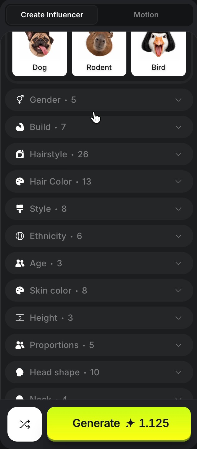 접혀 있는 항목 목록. Gender 5, Build 7, Hairstyle 26, Hair Color 13, Style 8, Ethnicity 6, Age 3, Skin color 8, Height 3, Proportions 5, Head shape 10 순서로 적혀 있다.