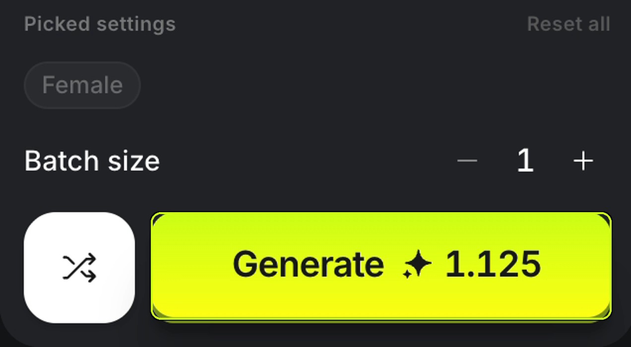 왼쪽 칸 맨 아래. Picked settings에 Female 하나가 들어 있고 Batch size는 1이다. 그 아래 Generate 1.125 버튼이 라임색 박스로 표시돼 있다.