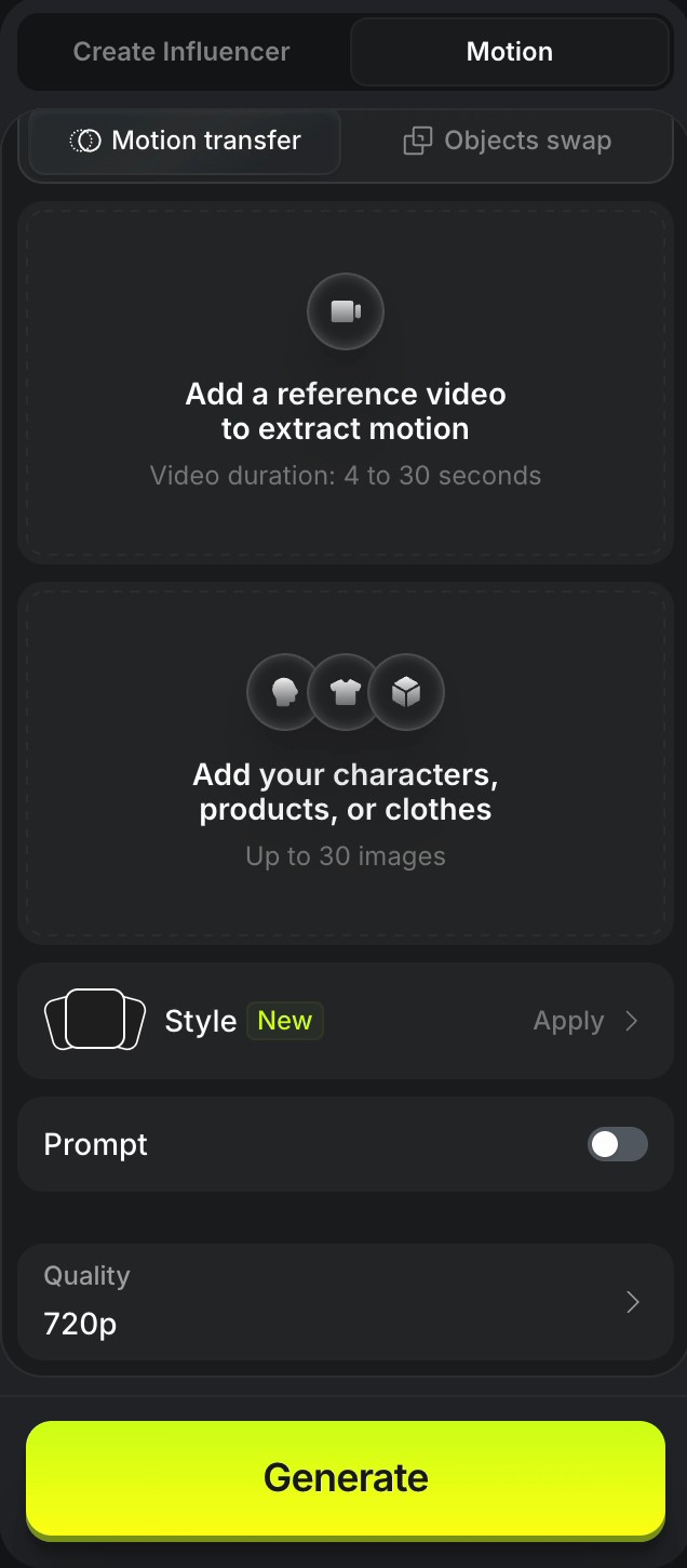 Motion 탭을 누른 왼쪽 칸. Motion transfer와 Objects swap 버튼, Add a reference video to extract motion 칸에 Video duration 4 to 30 seconds, Add your characters, products, or clothes 칸에 Up to 30 images라고 적혀 있다. 아래에 Style, Prompt, Quality 720p, Generate 버튼이 있다.