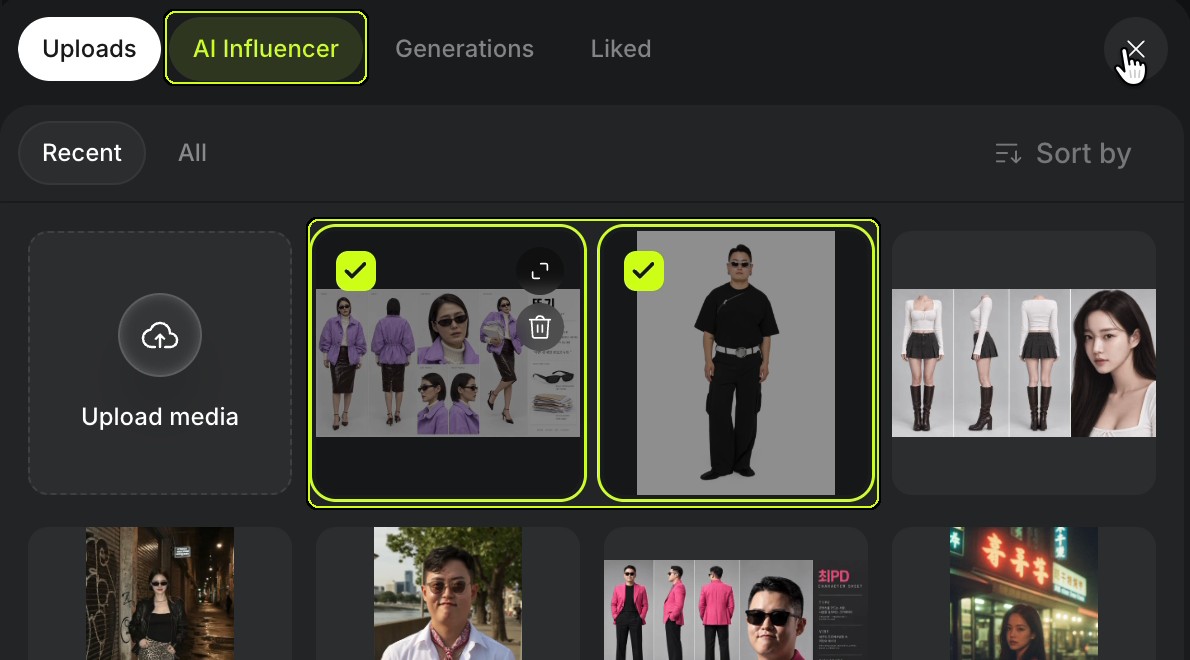업로드 창. 위에 Uploads, AI Influencer, Generations, Liked 탭이 있고 AI Influencer 탭이 라임색 박스로 표시돼 있다. 아래 칸에서 보라색 재킷 여자의 여러 각도 시트와 검은 옷 남자의 전신 사진 두 장에 체크 표시가 있다.