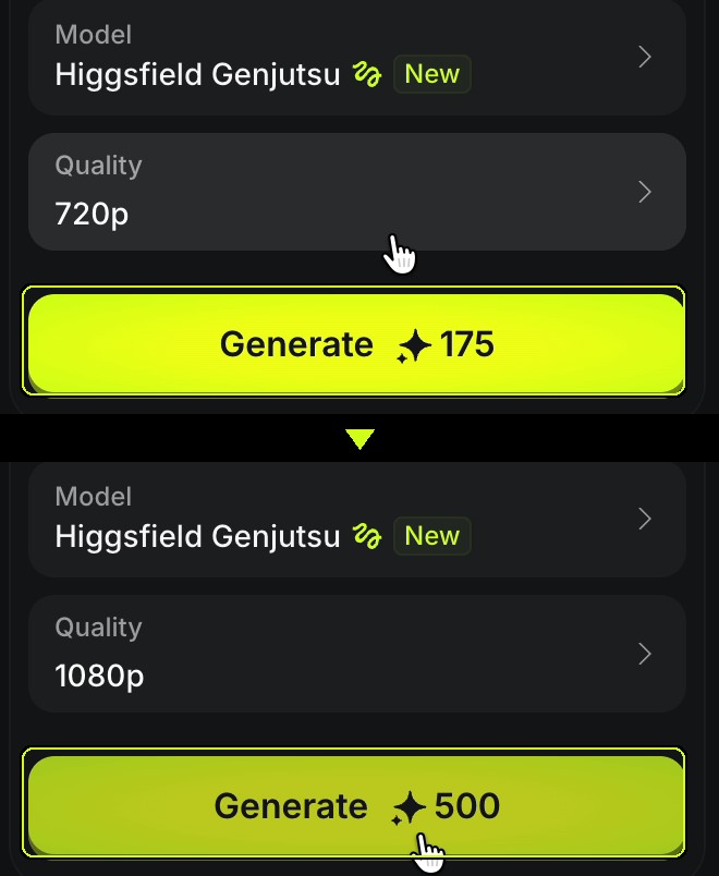 위는 Quality 720p에 Generate 175 버튼, 아래는 Quality 1080p에 Generate 500 버튼. 두 버튼 모두 라임색 박스로 표시돼 있다.