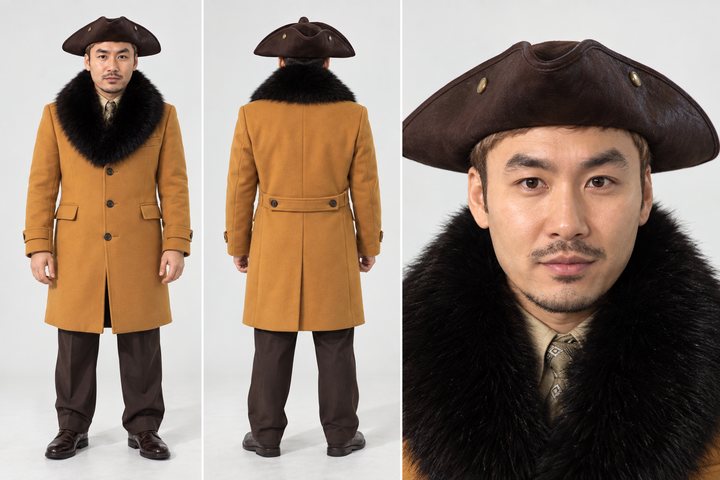 삼각모와 털 깃 코트 차림 인물의 캐릭터 시트. 왼쪽부터 정면 전신, 뒷모습 전신, 얼굴 확대가 한 장에 나란히 있다.